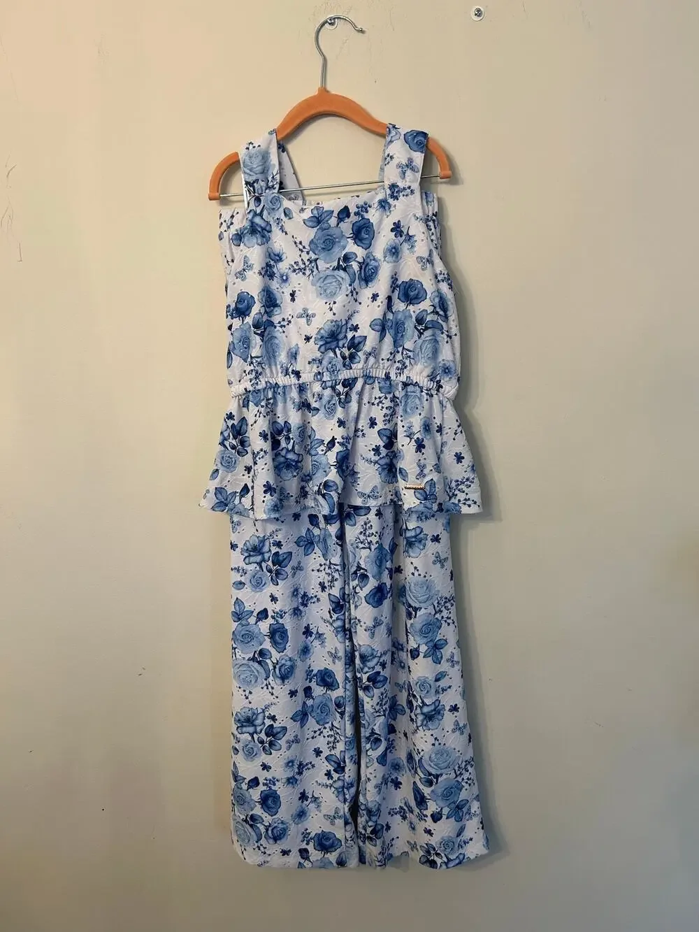 Tahari Girls Blue White Floral 2 Pc Matching Set Peplum Top Wide Leg Pants Sz 12